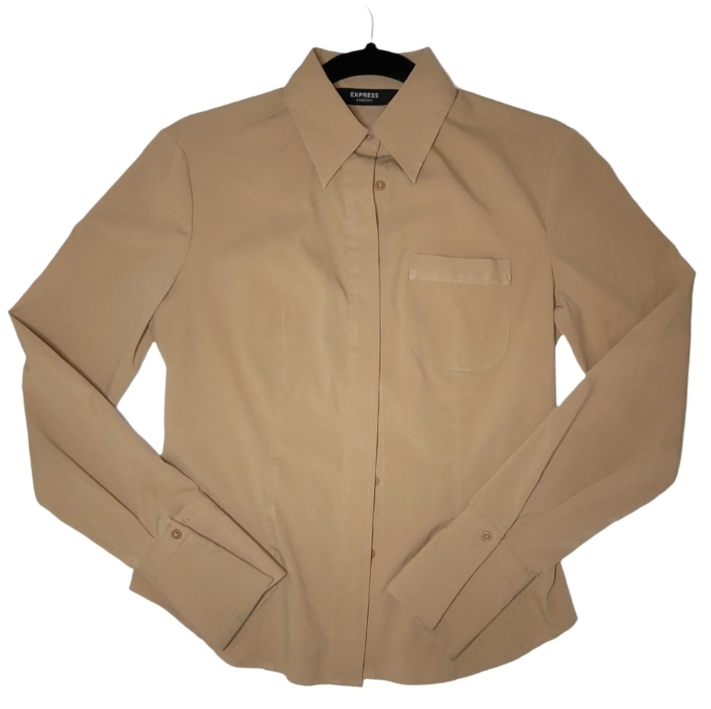Express Stretch Button Down Dress Shirt Tan Women's Size 1/2